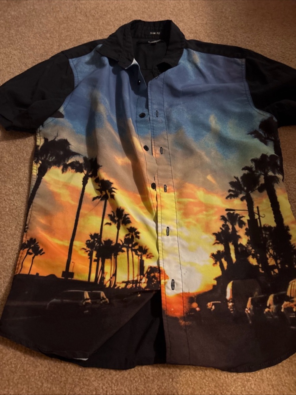 Carbon button-down shirt a vividly colored urban sunset scene M
